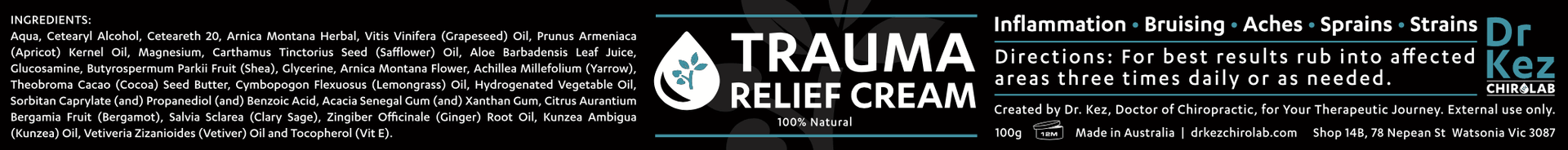 Trauma Relief Cream - Pain Relief Lotion Homeopathic DUO Pack - Dr Kez Chirolab 