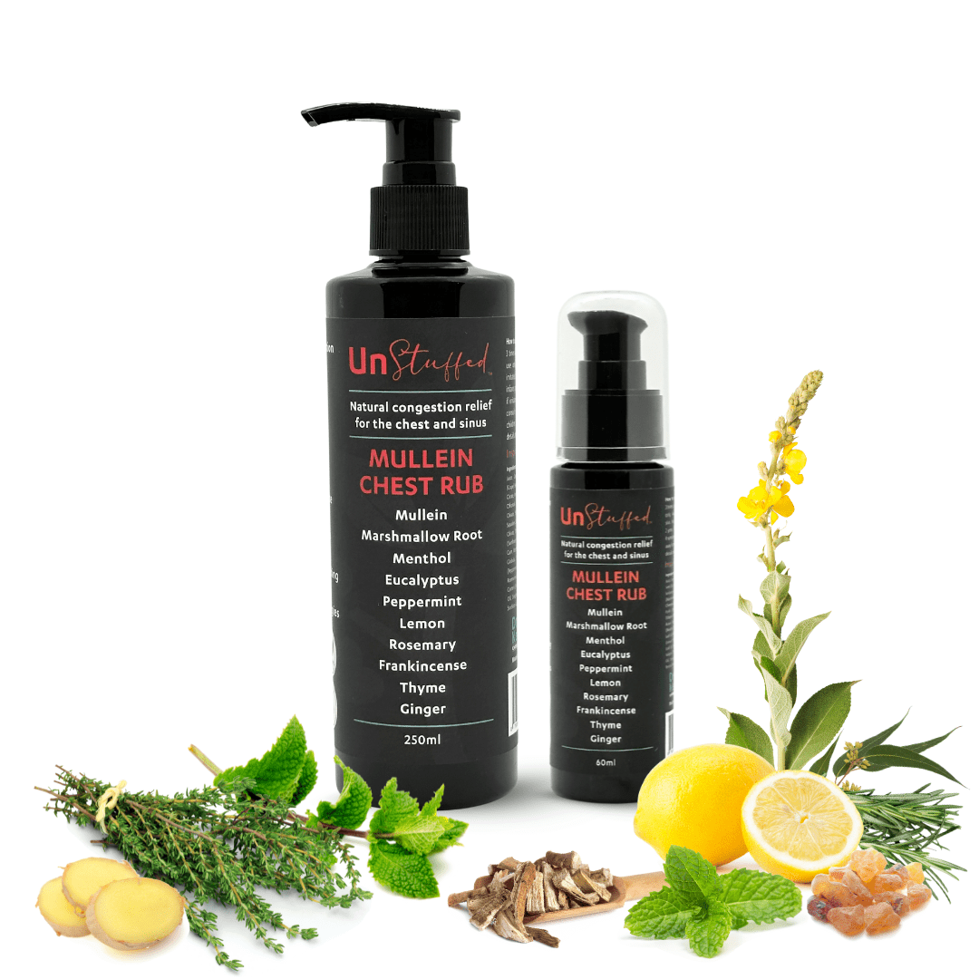 UnStuffed Mullein chest rub dr kez chirolab 60ml and 250ml bottles available
